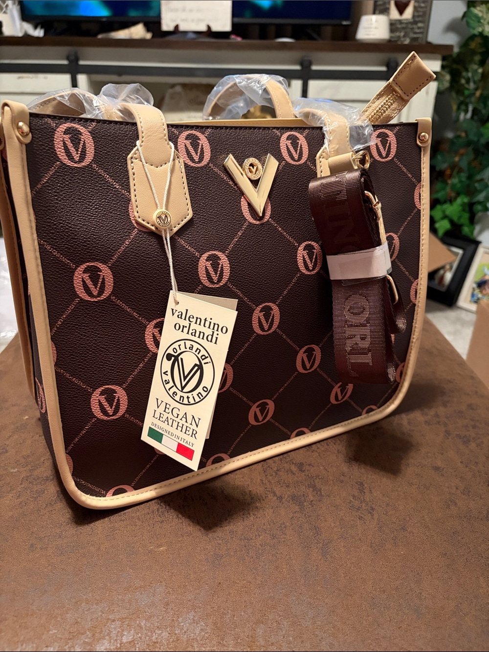 Valentino Orlandi Brown & Beige Logo Tote with Detachable Strap